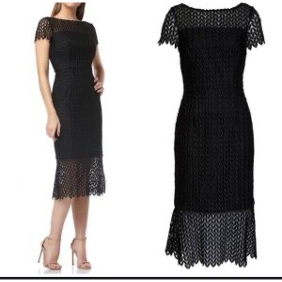 Kay Unger Black Tatum Floral Lace Midi Dress Size 8 $248